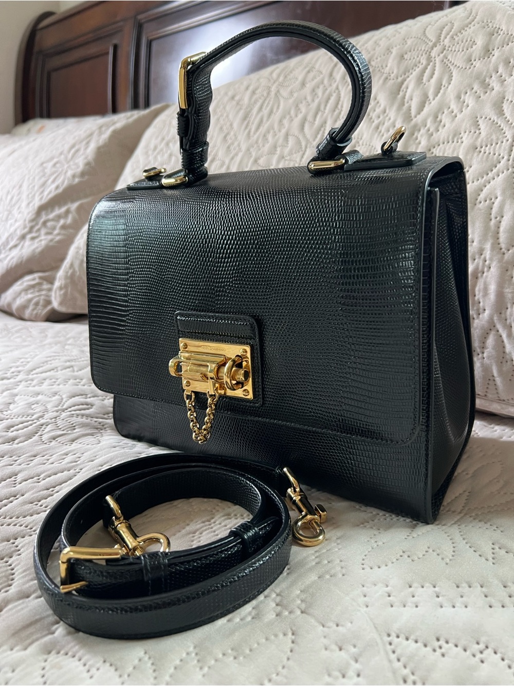 Dolce & Gabbana Black Lizard-Effect Top Handle Satchel with Gold Lock